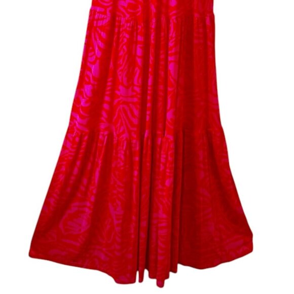 Lascana x VENUS Tiered Maxi Dress Pink and Red Abstract Stretch V Neck Size Med - Picture 5 of 12